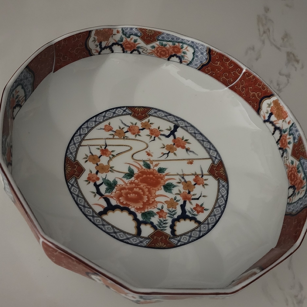 Floral Porcelain Bowl with Red and Blue Accents
